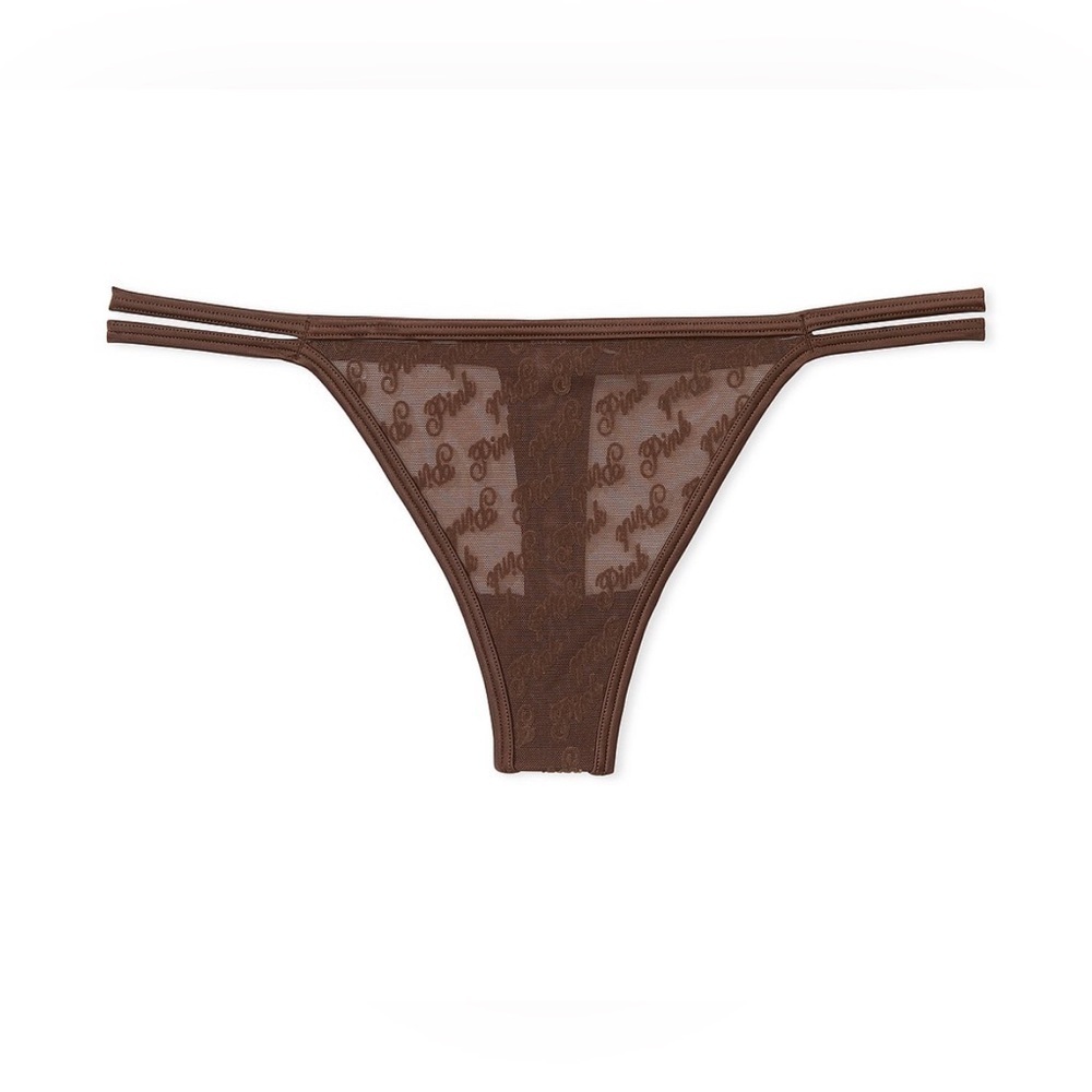 ✨🤎NWT PINK Logo Mesh Strappy Thong Panty - Ganache Brown S/P VSVictoria's Secret